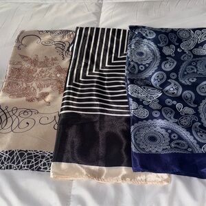 Set of Three Satin Paisley & Geometric Scarves - Beige, Black & Navy